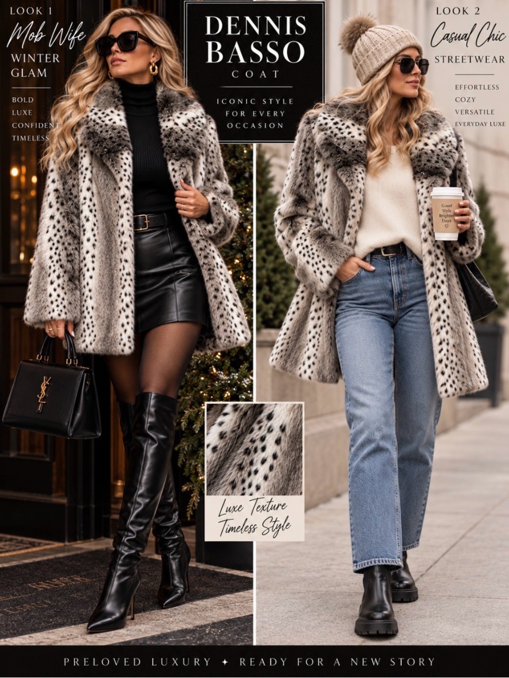 Dennis Basso Snow Lynx Spotted Faux Fur Coat Gray White XL